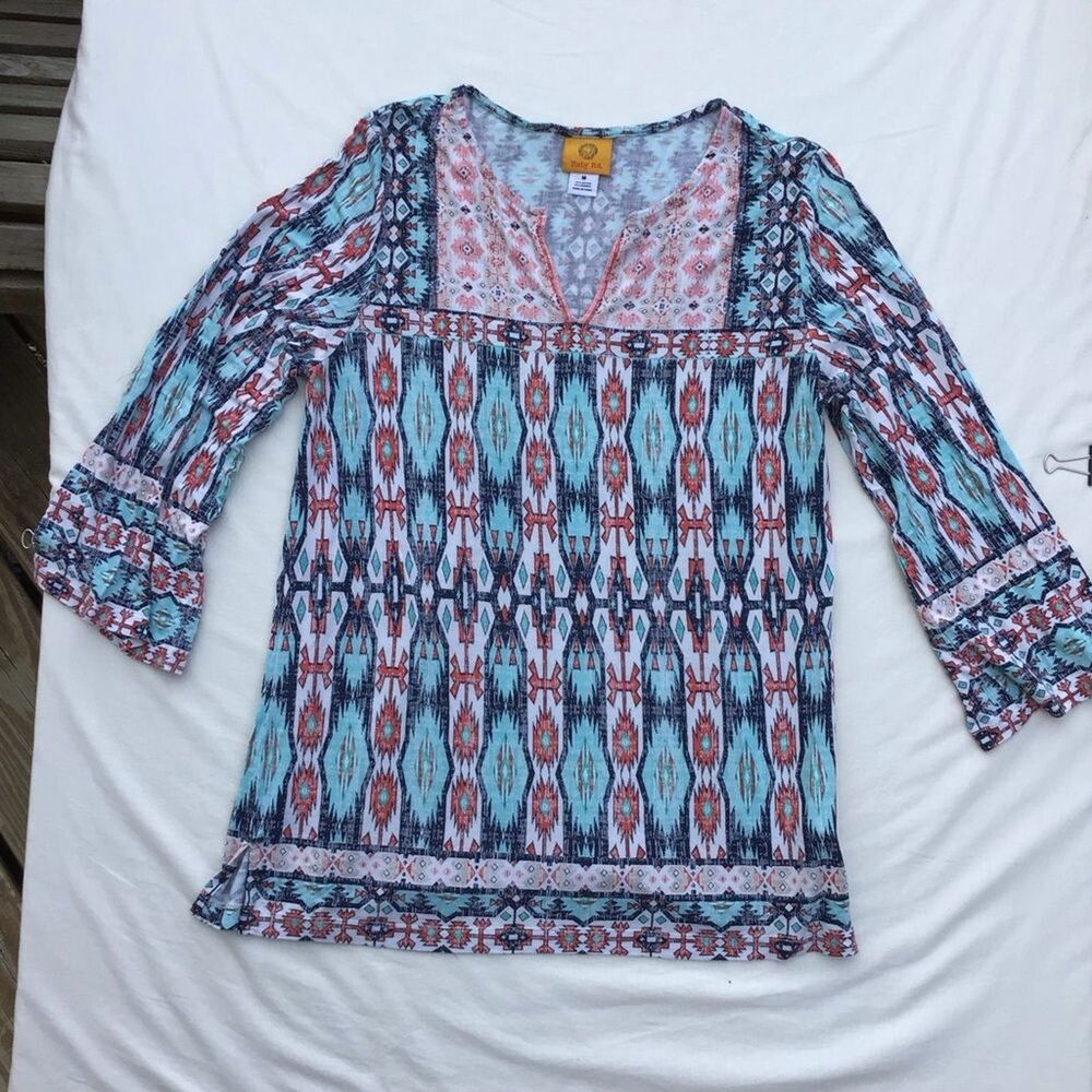 Ruby Rd Top Womens Blue V-Neck Short Sleeve Tunic Blouse Basic Stretch - Medium